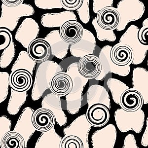 Vector drawn beige swirls black seamless pattern