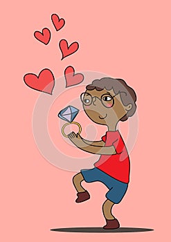 Vector drawn black boy with glasses carries a ring with a large diamond. There are many hearts nearby.