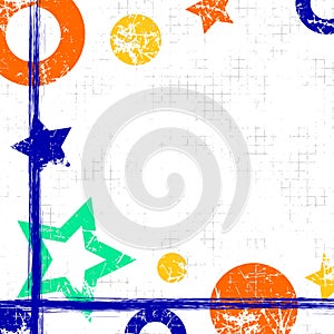 Vector drawn geometric background with geometrical figures, frame, border. Grunge template with stars, circles, dots Old style vin