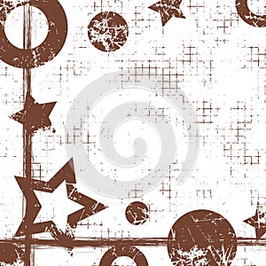 Vector drawn geometric background with geometrical figures, frame, border. Grunge template with stars, circles, dots Old style vin