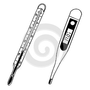 Vector drawn sketch of two medical thermometers, doodle style with black lines