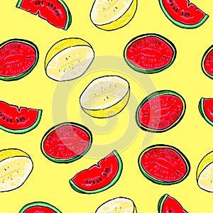 Vector drawn tropic fruits pattern watermelon pale yellow, summer fruits background, juicy cartoon fruits