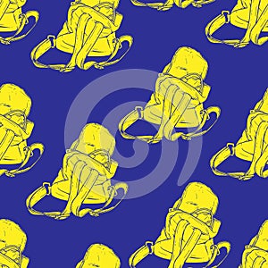 Vector drawn yellow backpack isolated on blue background. Seamless pattern for your design