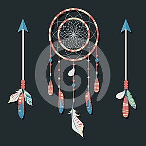 Vector dream catcher with colorful feathers and arrows on dark background