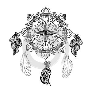 Vector dreams catcher and feathers. Mandala. Boho style.