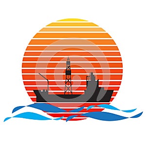 Vector of drillship on sea and sunset in background
