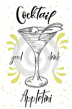 Vector dring poster. Cocktail Appletini for restaurant and cafe. Hand drawn illustration