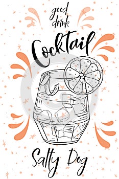 Vector dring poster. Cocktail Salty Dog for restaurant and cafe. Hand drawn illustration