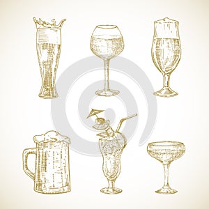 Vector Drinks Sketches Set. Hand Drawn Collection of Illustrations of Wine Glass, Beer Mugs and Cocktail Beverage