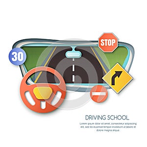 Vector driving school concept. Road, car steering wheel, traffic signs paper cut illustration. View out of window.