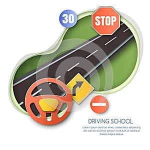 Vector driving school concept. Road, car steering wheel, traffic signs paper cut style isolated illustration.