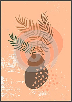 Vector dry grass bouquet botanical wall art. Abstract vase and plants home decor. Mid Century Modern aesthetics. Gentle neutral