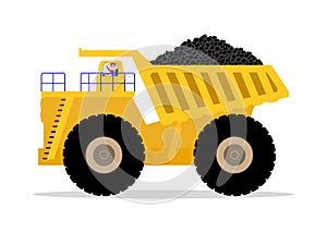 Vector dump truck with driver carries of coal