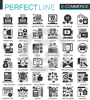 Vector E-commerce and shopping black mini concept icons and infographic symbols set