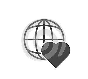 Vector earth and heart icon. Friendship symbol on white isolated background