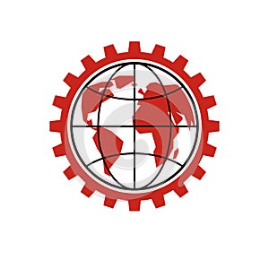 Vector Earth planet illustration surrounded by engineering cog wheel can be used as proletarian revolution abstract sign or