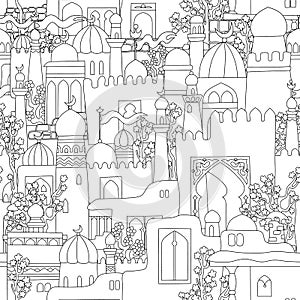 Vector east cartoon buildings seamless pattern