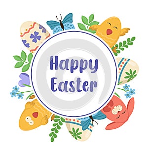 Vector Easter card with bunnies, chicks and eggs. Easter egg hunt invitation template on white background. Easter religious