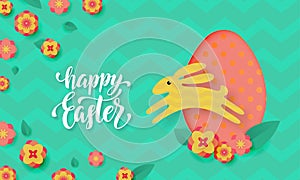 Vector Easter card with cute color paper cut Easter egg, jumping bunny, rabbit and spring flowers blossom. Happy Easter greeting c