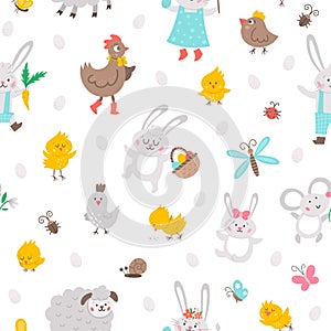 Vector Easter characters seamless pattern. Spring birds and insects repeating background. Cute animal digital paper for kids.