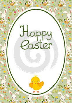 Vector Easter Chicken with spring flowers and rabbit. Green Postcard