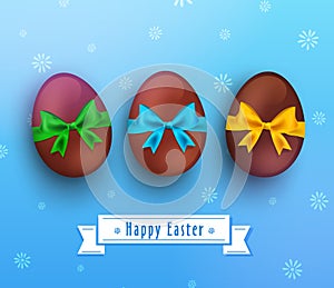 Vector easter chocolate egg with ribbon on blue