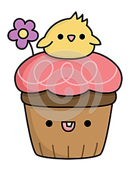 Vector Easter cupcake for kids. Cute kawaii chocolate cup cake with pink icing, flower and chick on top. Funny cartoon character.