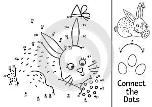 Vector Easter dot-to-dot and color activity with cute bunny holding egg. Spring holiday connect the dots game for children with
