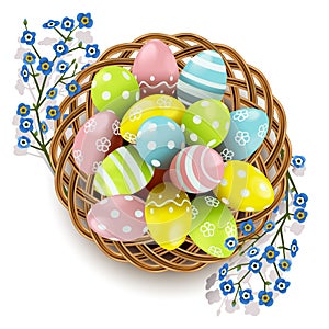 Vector Easter Eggs with Wicker Dish