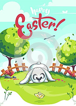 Vector easter greeting illustration with bunny on green lawn