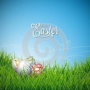 Vector Easter holiday Illustration with painted eggs on grass background.