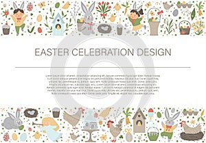 Vector Easter horizontal layout frame border with bunny, eggs and happy children isolated on white background. Christian holiday