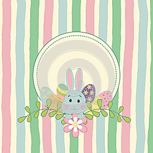 Vector Easter illustration with rabbit, eggs and flowers on a striped background