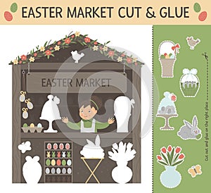 Vector Easter market cut and glue for children. Spring holiday educational activity with smiling saleswoman, bunny, bird, colored