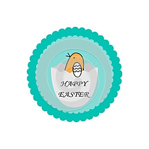 Vector Easter Party Flyer, card Illustration with egg, chik and congraduation on nature blue background photo