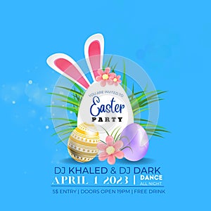 Vector Easter Party Flyer Illustration with painted eggs, rabbit ears and typography elements on nature blue background