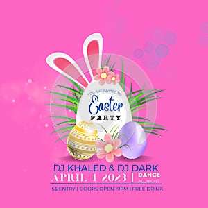 Vector Easter Party Flyer Illustration with painted eggs, rabbit ears and typography elements on nature blue background.