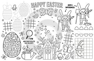 Vector Easter placemat for kids. Spring holiday printable activity mat with maze, tic tac toe charts, connect the dots, find