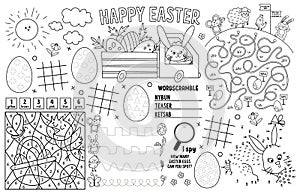 Vector Easter placemat for kids. Spring holiday printable activity mat with maze, tic tac toe charts, connect the dots, find