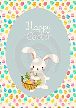 Vector Easter Postcard with Easter rabbit, basket, eggs and lettering