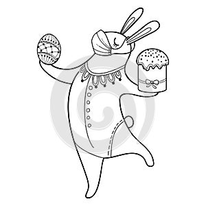 Vector Easter rabbit in safety breathing medical mask with traditional ornate Easter egg and cake in black isolated on white.