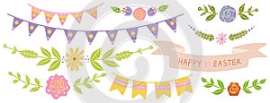 vector easter ribbons easter borders hand drawn isolated spring cartoon clipart set: floral border, happy easter ribbon, frames