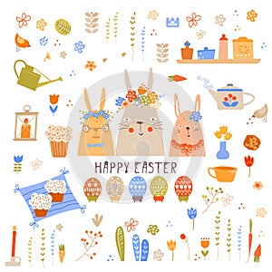 Vector Easter set with cute bunnies, chickens and eggs in cartoon style. Easter eggs, basket with vase of flowers