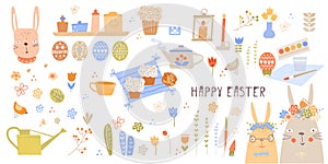 Vector Easter set with cute bunnies, chickens and eggs in cartoon style. Easter eggs. Kids illustration