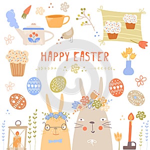 Vector Easter set with cute bunnies, chickens and eggs in cartoon style. Isolated on white. Kids illustration