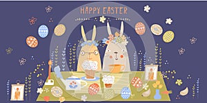 Vector Easter set with cute bunnies, chickens and eggs in cartoon style. Isolated on white. Kids illustration