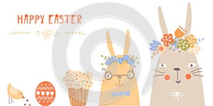 Vector Easter set with cute bunnies, chickens and eggs in cartoon style. Isolated on white. Kids illustration