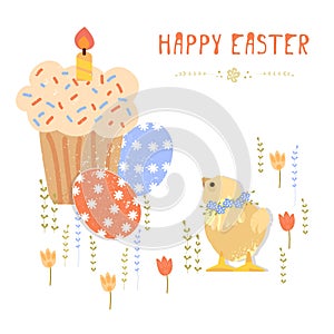 Vector Easter set with cute chickens and eggs in cartoon style. Easter eggs, Cake, wreath. Isolated on white