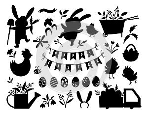 Vector Easter silhouettes set. Vector pack with cute bunny, eggs, bird, chicks, basket black shadows. Spring funny illustration.
