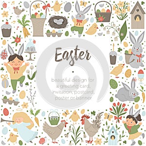 Vector Easter square layout frame border with bunny, eggs and happy children isolated on white background. Christian holiday